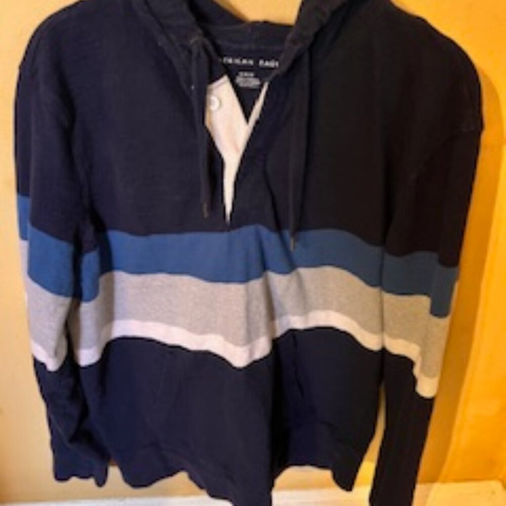 American Eagle Blue Striped Hooded Shirt with front pocket, Size Medium